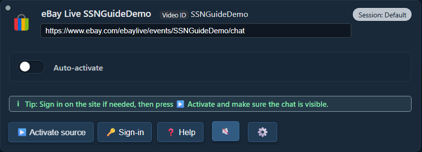 Actual added eBay Live source with Activate source and Sign-in buttons