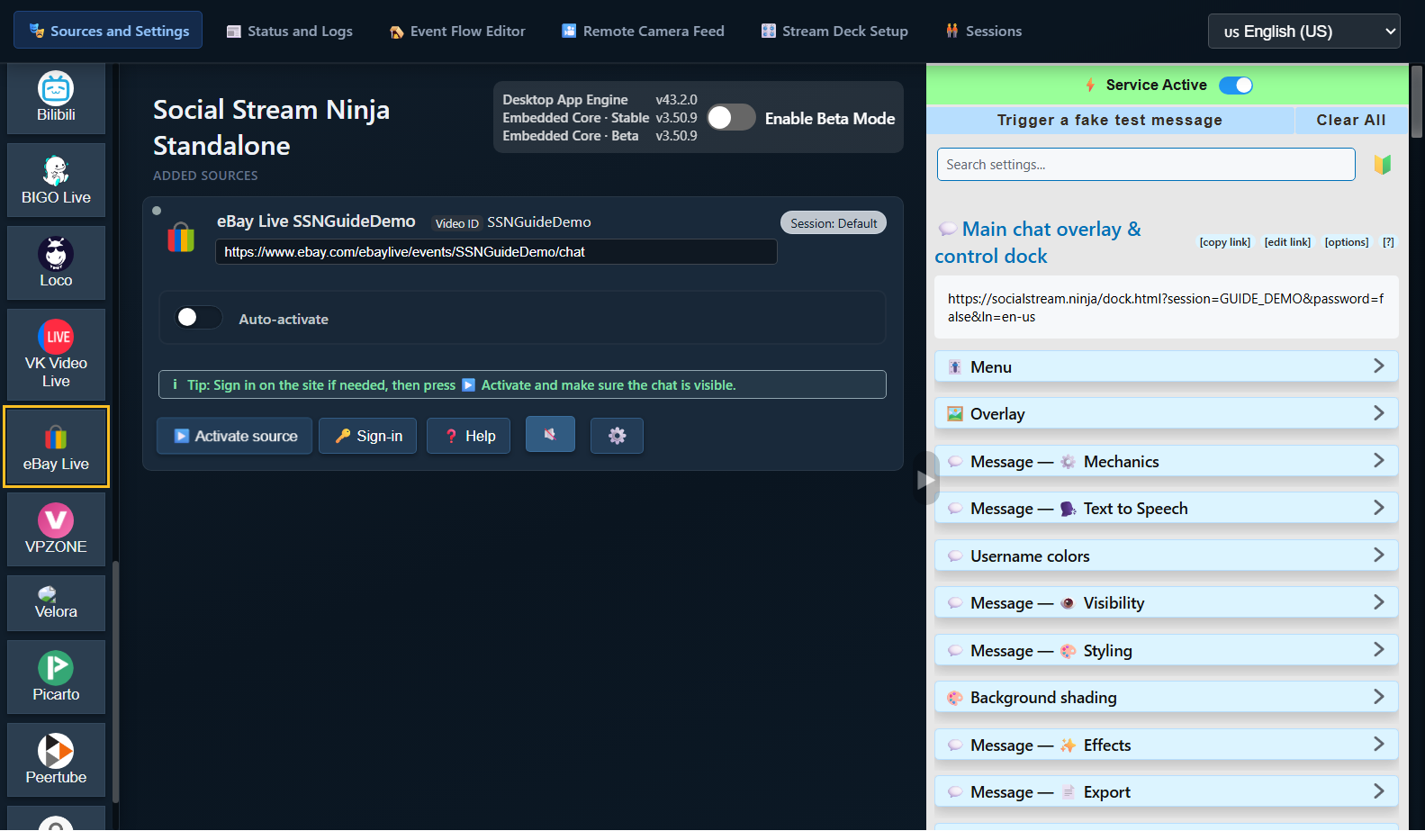 Actual desktop app: platform buttons on the left, added source in the middle, SSN settings on the right