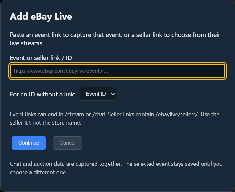 Actual Add eBay Live dialog: event or seller link field and Continue button
