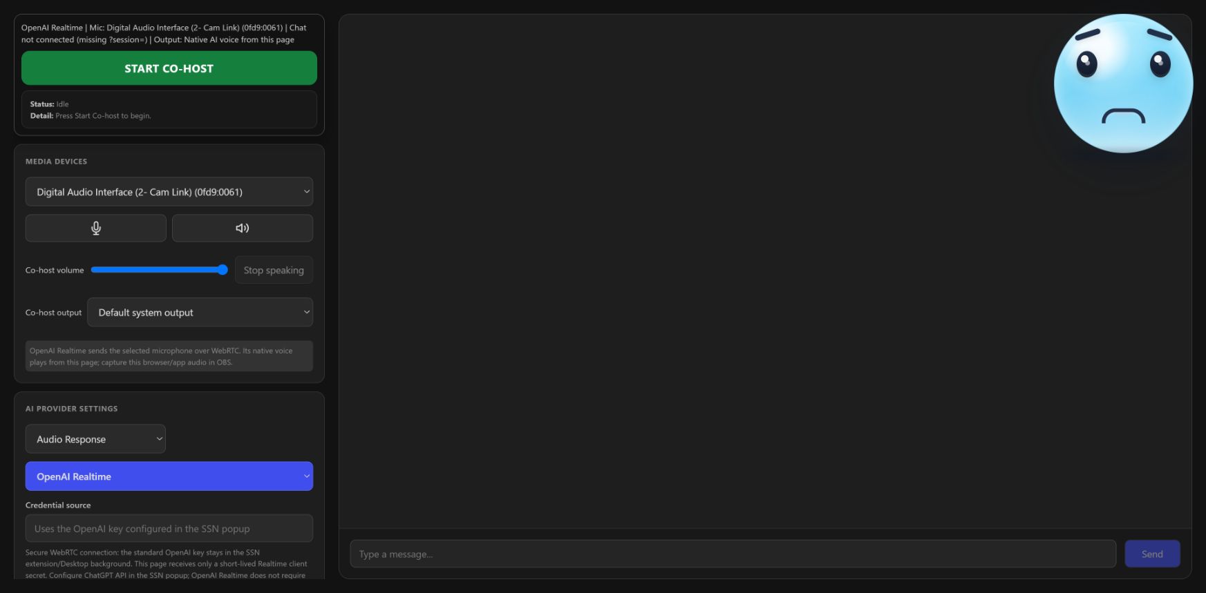 AI cohost controls showing media devices, AI provider settings, system instructions, and live chat mode