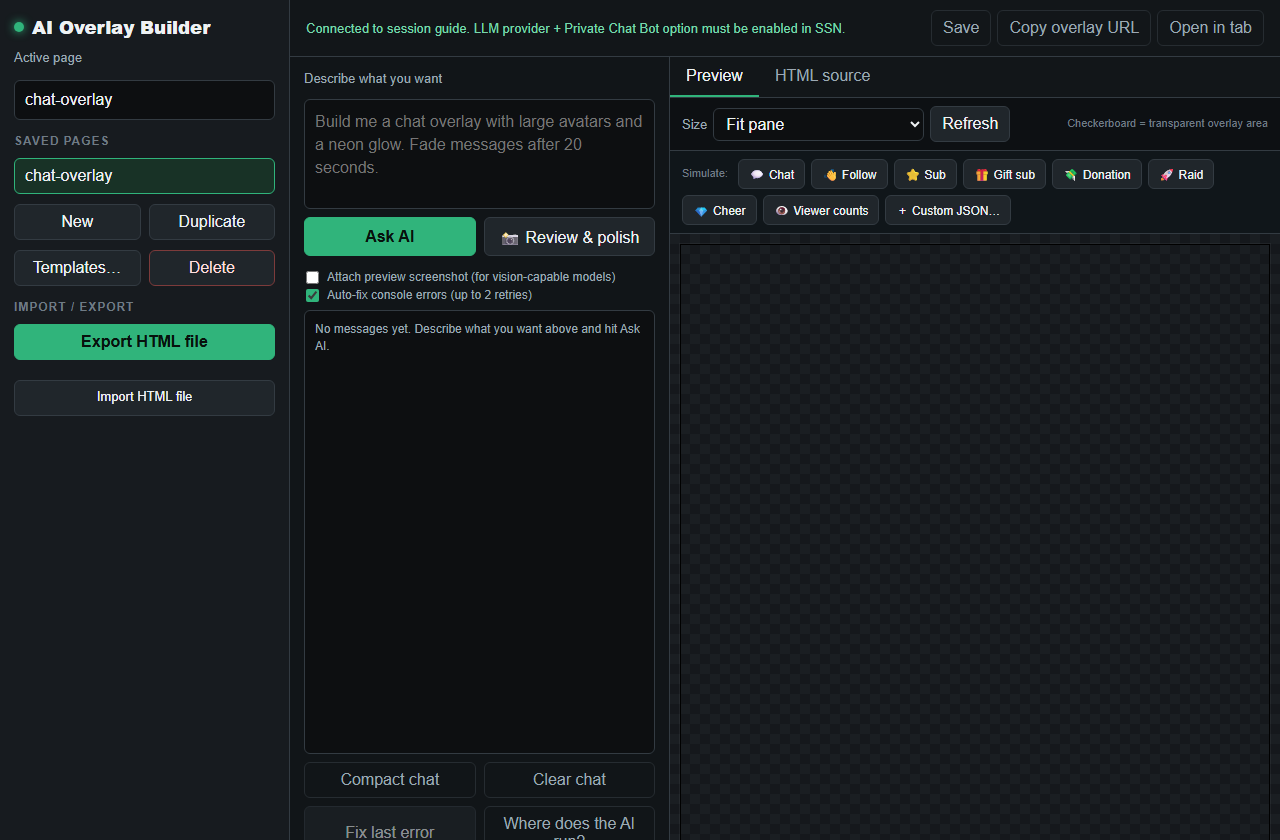 AI Overlay Builder showing prompt, preview, save controls, and event simulation buttons