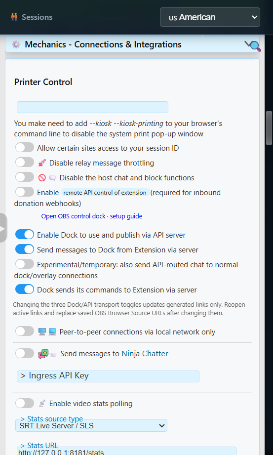 Social Stream Ninja Mechanics - Connections and Integrations popup with the server, server2, and server3 switches enabled