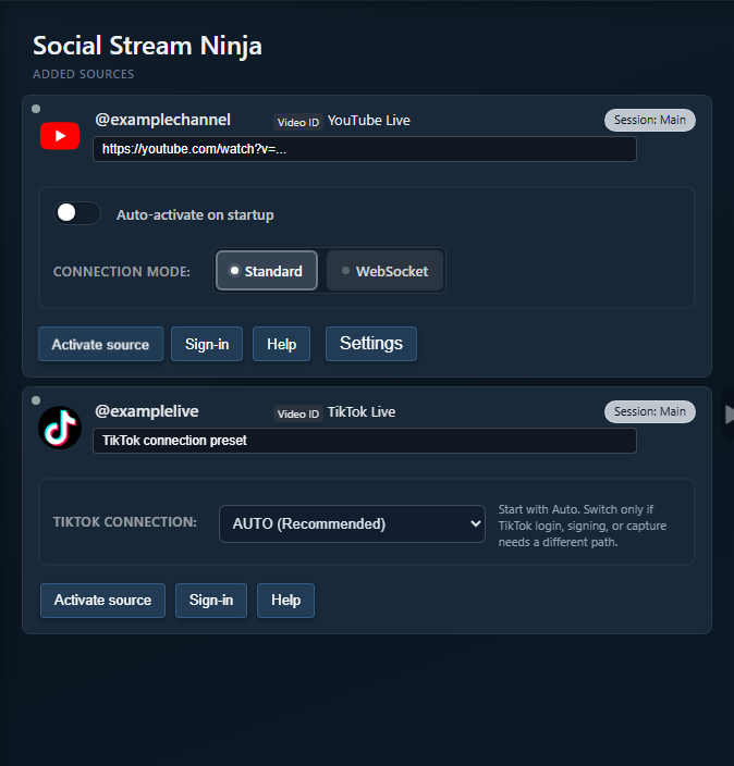 Standalone app sample source entries showing Standard and WebSocket connection mode controls, plus TikTok connection preset controls