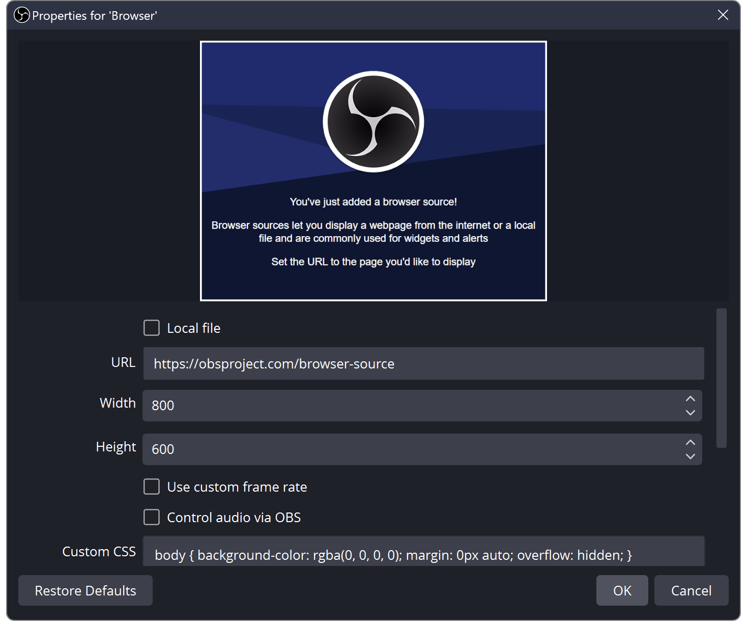Actual OBS Browser Source properties showing URL, width, height and Control audio via OBS