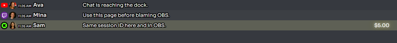Social Stream Ninja dock showing received chat messages