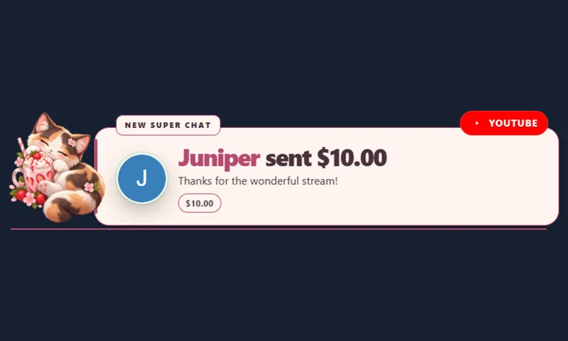 Strawberry Cat Alerts overlay with sample messages