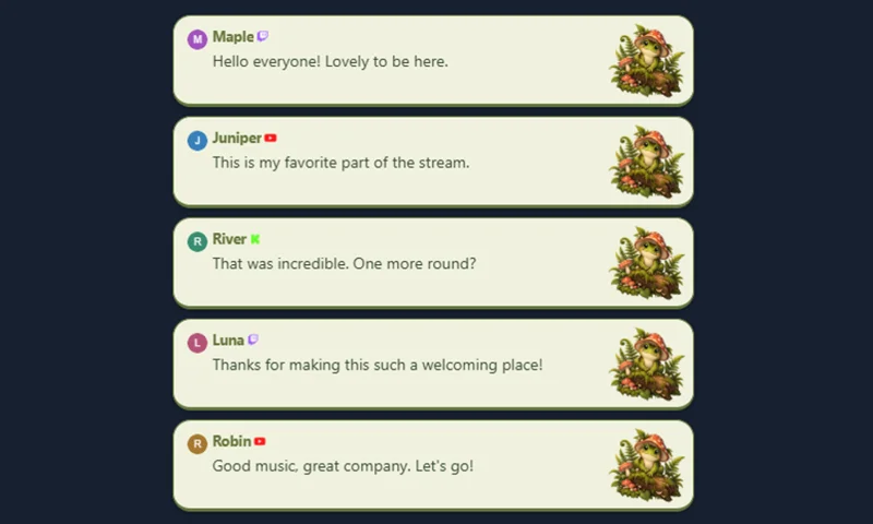 Moss & Mushrooms Chat overlay with sample messages