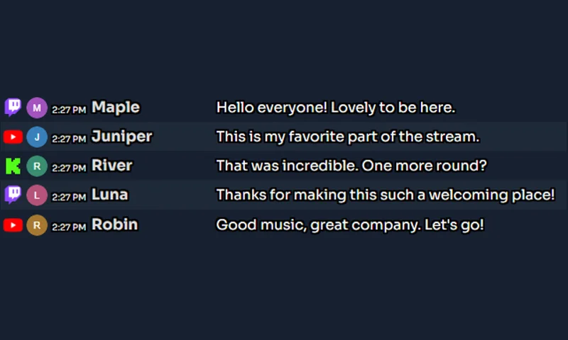 Main Chat overlay with sample messages