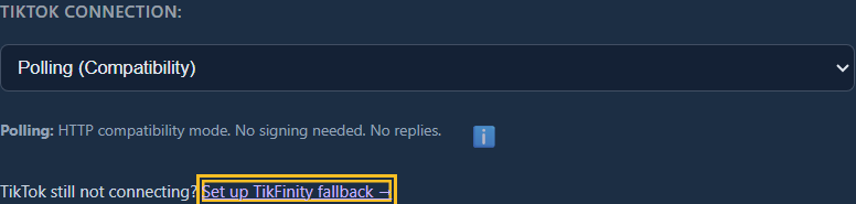 TikTok connection options in SSApp with a Set up TikFinity fallback guide link