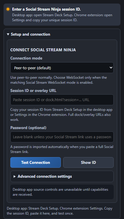 Stream Deck property inspector showing the session field and Test Connection button